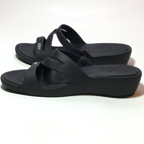 Crocs Women’s Size 6 Patricia Slip-On Strappy Slides Sandals Wedge Heel Black - Picture 4 of 8